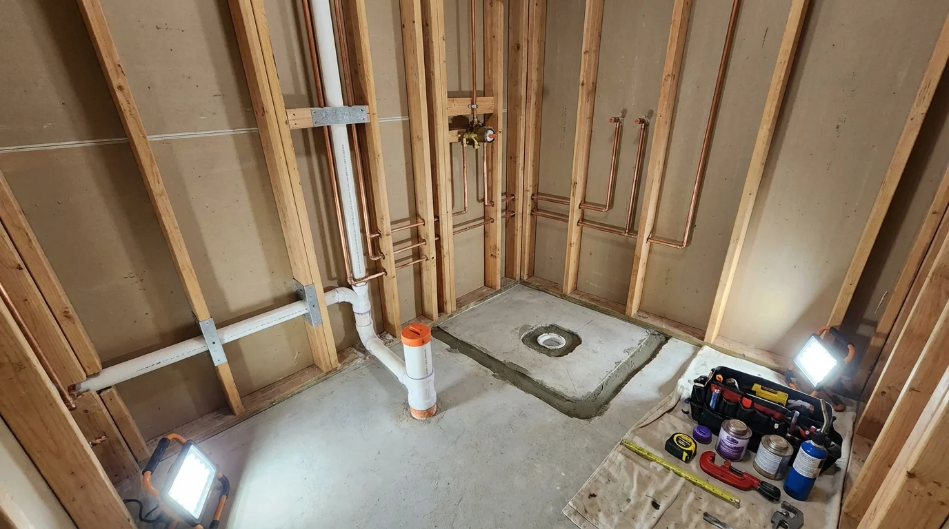 Bathroom rough-in plumbing during remodel by Johns Plumbing LLC in Lincolnton