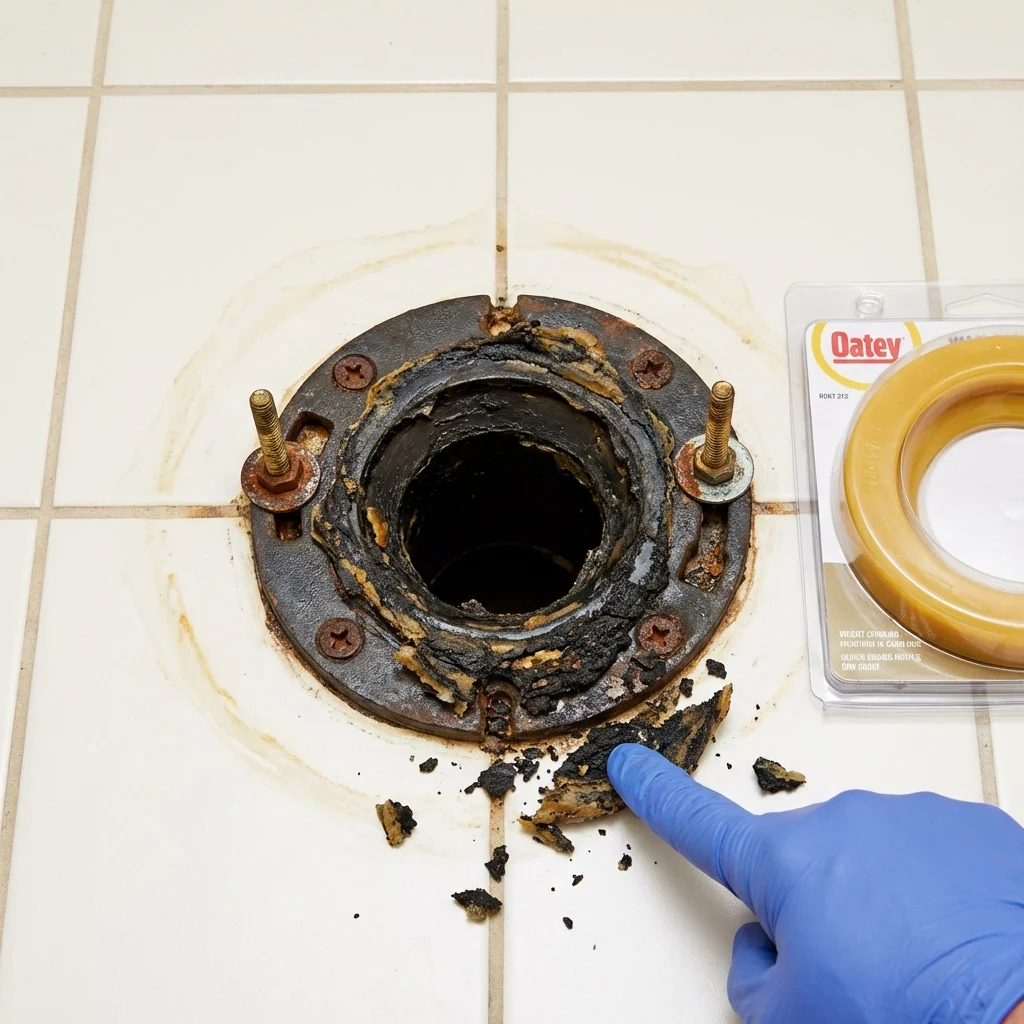 Failed wax ring showing water seepage at the base of a toilet in a Lincolnton, GA home