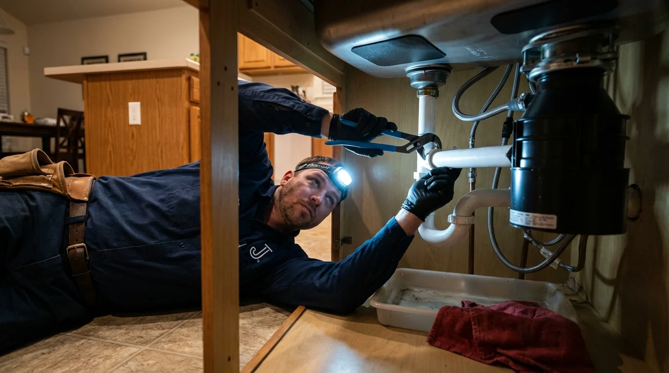 P-trap and supply line connections under a kitchen sink showing a common leak point in Lincolnton, GA